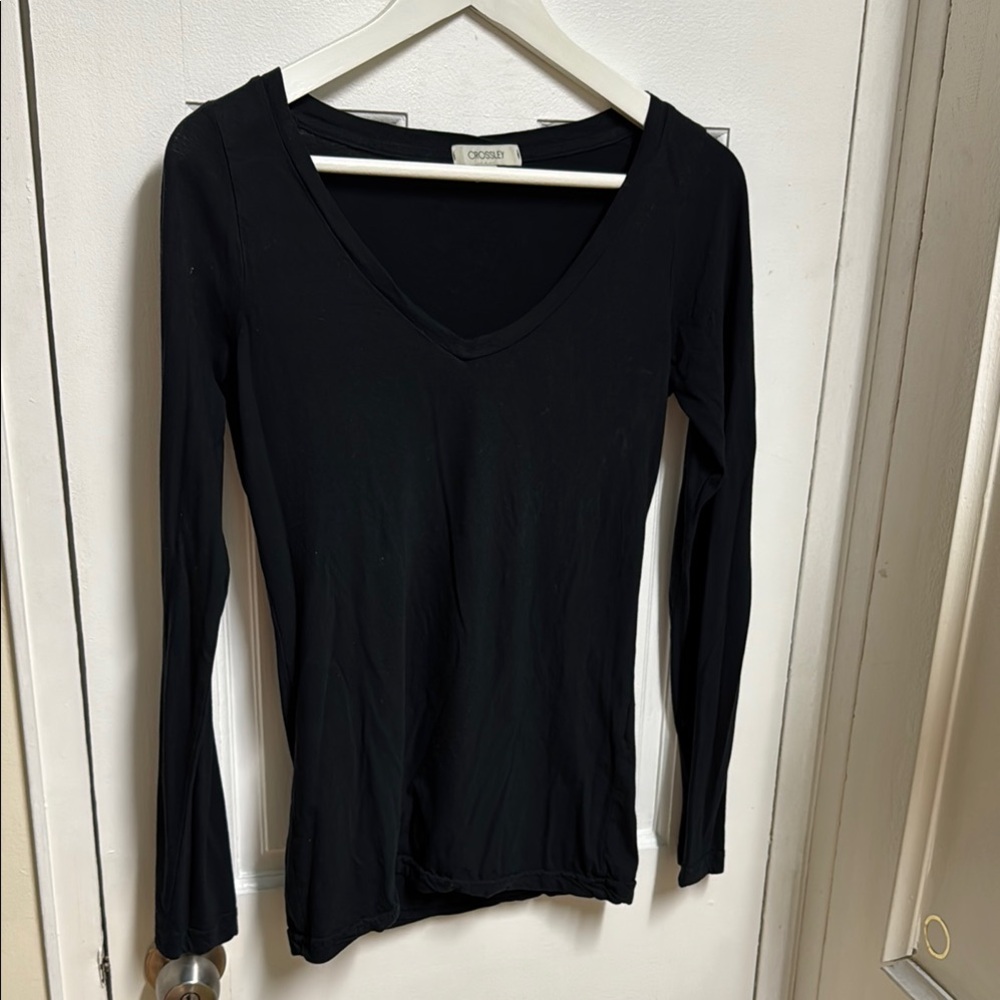 Crosley Black Fitted Ribbed Long Sleeve Blouse